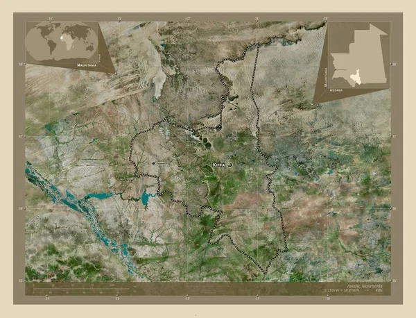 アサバ モーリタニアの地域 高解像度衛星地図 地域の主要都市の位置と名前 コーナー補助位置図 — ストック写真