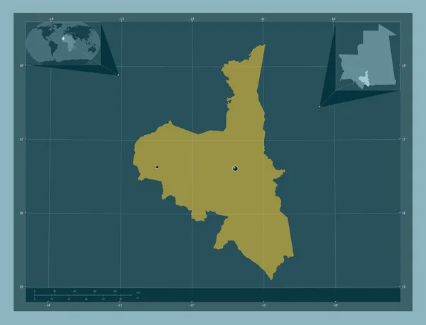 阿萨巴 毛里塔尼亚地区 固体的颜色形状 该区域主要城市的所在地点 角辅助位置图 — 图库照片