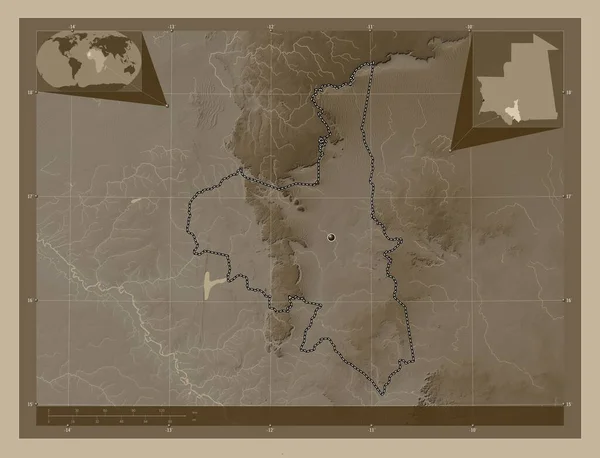 Асаба Регіон Мавританії Висота Карти Забарвлена Сепії Тонів Озерами Річками — стокове фото
