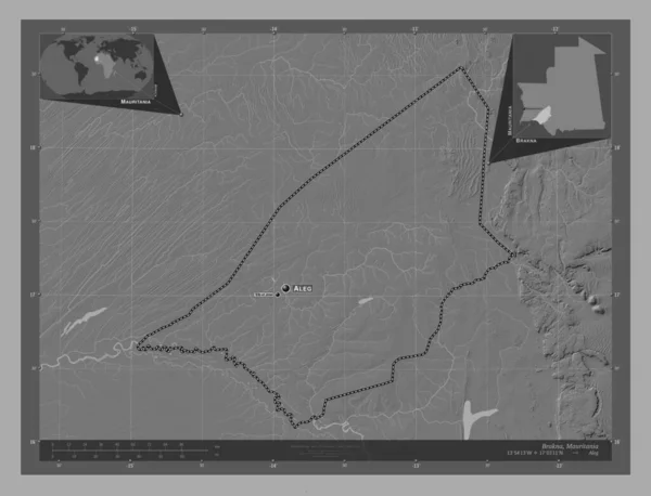 Brakna Región Mauritania Mapa Elevación Bilevel Con Lagos Ríos Ubicaciones — Foto de Stock