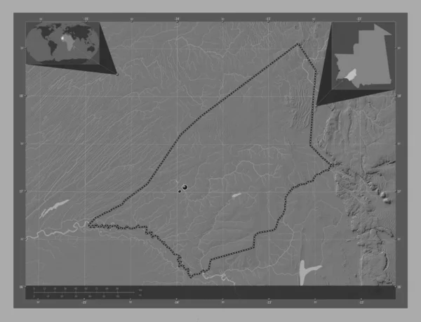ブラクナ モーリタニアの地域 湖や川と二階の標高マップ 地域の主要都市の場所 コーナー補助位置図 — ストック写真