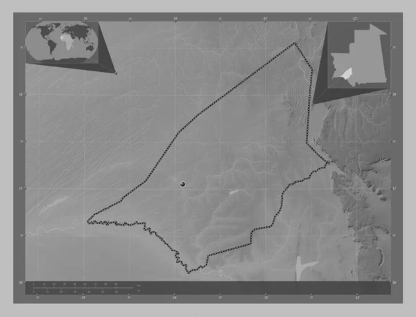Brakna Regione Della Mauritania Mappa Elevazione Scala Grigi Con Laghi — Foto Stock