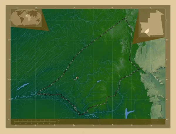 Brakna Region Mauretanii Kolorowa Mapa Wzniesień Jeziorami Rzekami Lokalizacje Dużych — Zdjęcie stockowe