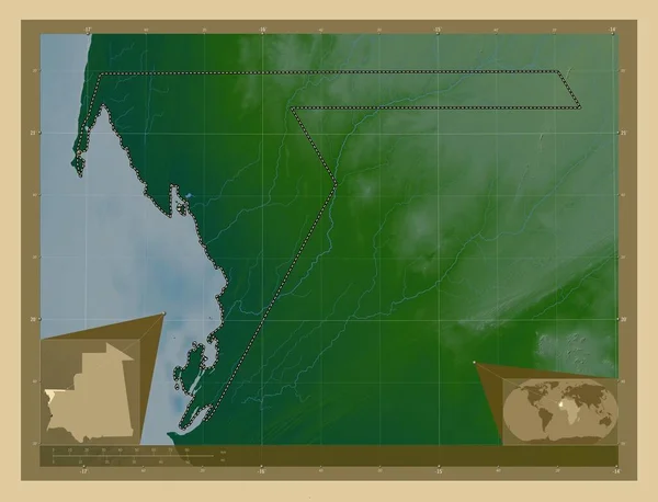 モーリタニアのダクレット ヌアディブ県 湖や川と色の標高マップ コーナー補助位置図 — ストック写真