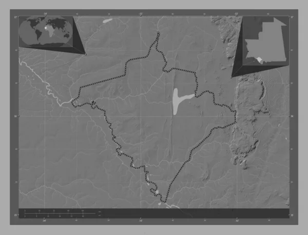 ゴルゴル モーリタニアの地域 湖や川と二階の標高マップ 地域の主要都市の場所 コーナー補助位置図 — ストック写真