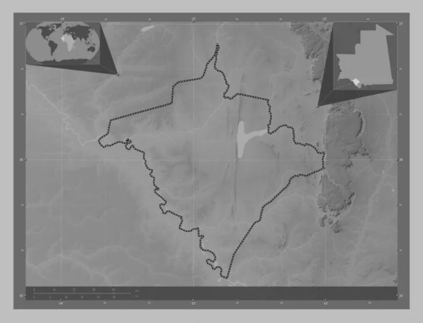 Gorgol 毛里塔尼亚地区 带有湖泊和河流的灰度高程图 角辅助位置图 — 图库照片