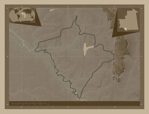 Горголь Область Мавритании Карта Высоты Окрашенная Сепиевые Тона Озерами Реками — стоковое фото