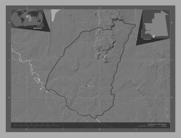 Guidimaka Region Mauretanii Dwupoziomowa Mapa Jeziorami Rzekami Lokalizacje Nazwy Głównych — Zdjęcie stockowe
