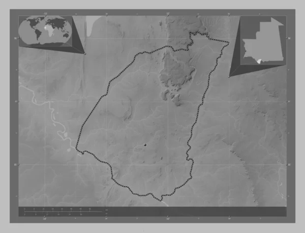 吉迪马卡 毛里塔尼亚地区 带有湖泊和河流的灰度高程图 该区域主要城市的所在地点 角辅助位置图 — 图库照片