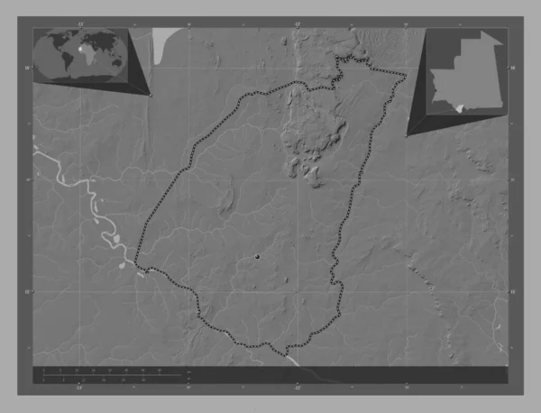 グイディマカ モーリタニアの地域 湖や川と二階の標高マップ 地域の主要都市の場所 コーナー補助位置図 — ストック写真