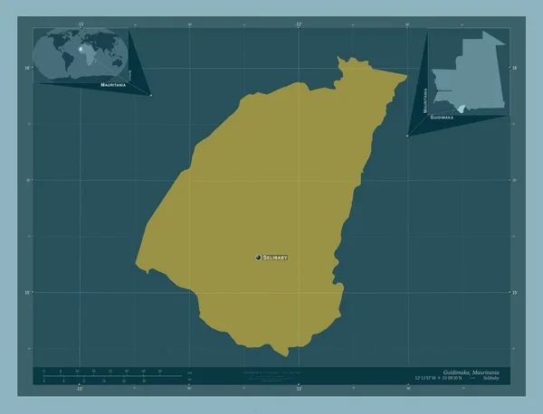 グイディマカ モーリタニアの地域 しっかりした色の形 地域の主要都市の位置と名前 コーナー補助位置図 — ストック写真