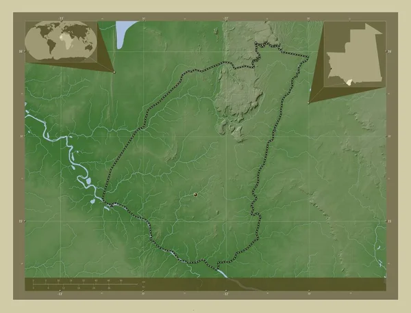 吉迪马卡 毛里塔尼亚地区 用Wiki风格绘制的带有湖泊和河流的高程地图 该区域主要城市的所在地点 角辅助位置图 — 图库照片