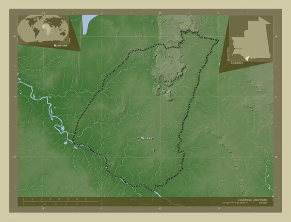 グイディマカ モーリタニアの地域 湖や川とWikiスタイルで着色された標高マップ 地域の主要都市の位置と名前 コーナー補助位置図 — ストック写真