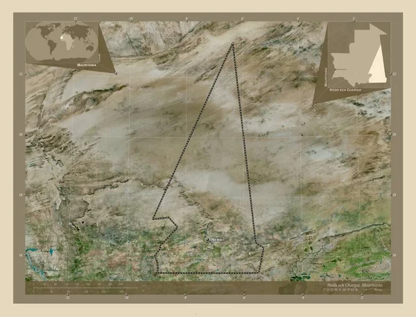 Hodh Ech Chargui 毛里塔尼亚地区 高分辨率卫星地图 该区域主要城市的地点和名称 角辅助位置图 — 图库照片
