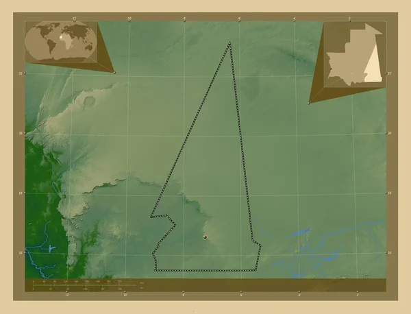 モーリタニアの地域であるHodh Ech Chargui 湖や川と色の標高マップ 地域の主要都市の場所 コーナー補助位置図 — ストック写真