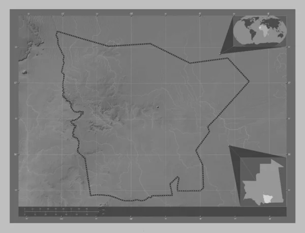 Hodh Gharbi Mauritánia Régiója Szürkeárnyas Térkép Tavakkal Folyókkal Régió Nagyvárosainak — Stock Fotó
