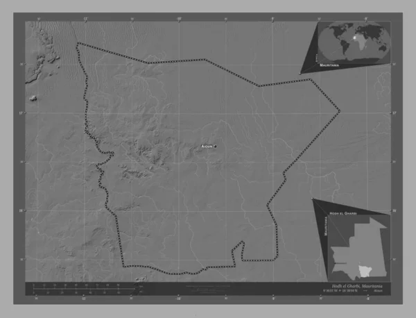 Hodh Gharbi Region Mauretanii Dwupoziomowa Mapa Jeziorami Rzekami Lokalizacje Nazwy — Zdjęcie stockowe