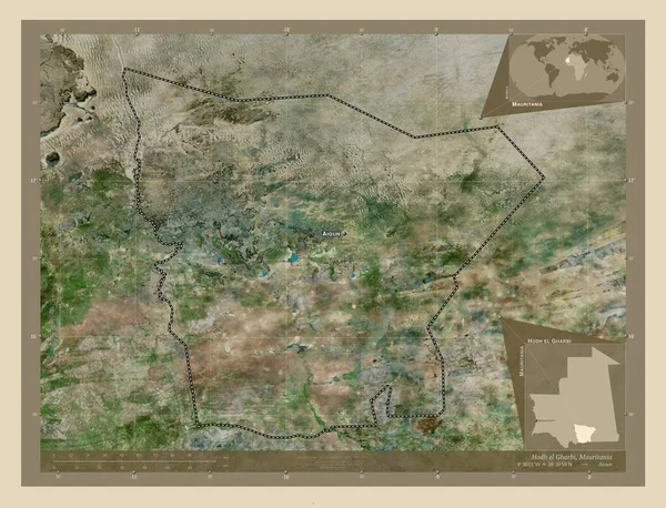 Hodh Gharbi 毛里塔尼亚地区 高分辨率卫星地图 该区域主要城市的地点和名称 角辅助位置图 — 图库照片