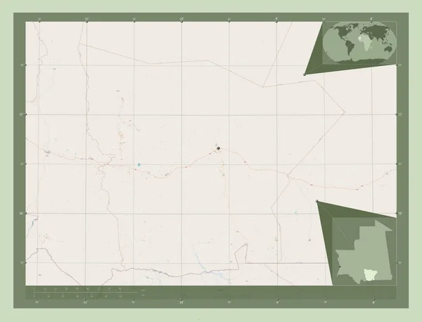 モーリタニアの領域 Hodhel Gharbi ストリートマップを開く 地域の主要都市の場所 コーナー補助位置図 — ストック写真