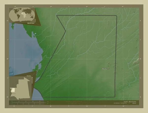 Inchiri 毛里塔尼亚地区 用Wiki风格绘制的带有湖泊和河流的高程地图 该区域主要城市的地点和名称 角辅助位置图 — 图库照片