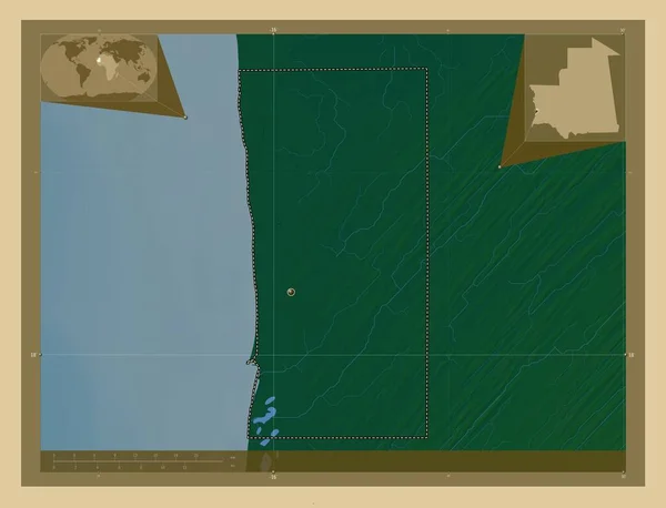 モーリタニアのヌアクショット県 湖や川と色の標高マップ 地域の主要都市の場所 コーナー補助位置図 — ストック写真