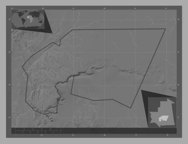タガント モーリタニアの地域 湖や川と二階の標高マップ 地域の主要都市の場所 コーナー補助位置図 — ストック写真