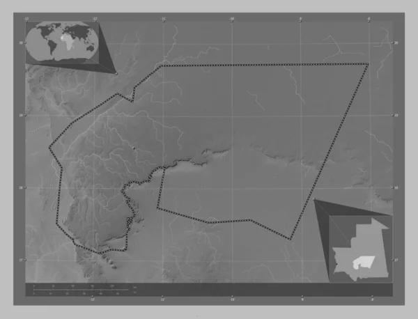 Tagant Região Mauritânia Mapa Elevação Escala Cinza Com Lagos Rios — Fotografia de Stock