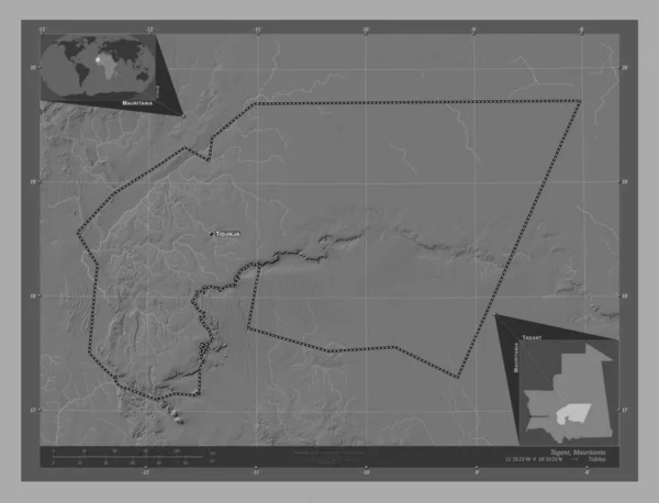 Tagant Region Mauritania Bilevel Elevation Map Lakes Rivers Locations Names — Stock Photo, Image