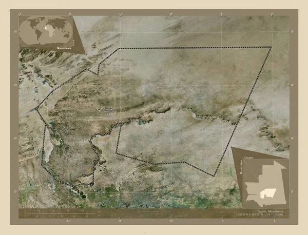 タガント モーリタニアの地域 高解像度衛星地図 地域の主要都市の位置と名前 コーナー補助位置図 — ストック写真