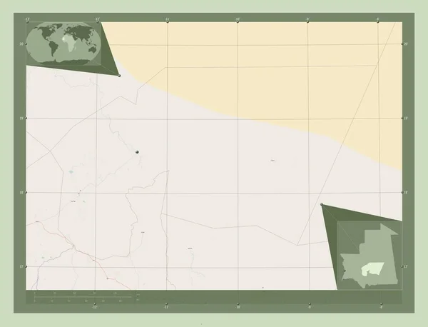 タガント モーリタニアの地域 ストリートマップを開く 地域の主要都市の場所 コーナー補助位置図 — ストック写真