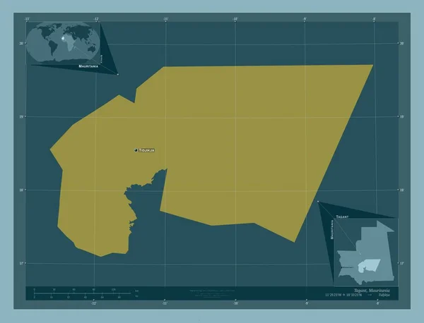 毛里塔尼亚地区的Tagant 固体的颜色形状 该区域主要城市的地点和名称 角辅助位置图 — 图库照片