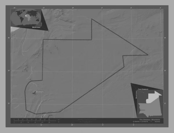 毛里塔尼亚地区的Tiris Zemmour 带湖泊和河流的比尔维尔高程图 该区域主要城市的地点和名称 角辅助位置图 — 图库照片