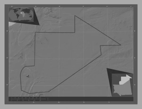 毛里塔尼亚地区的Tiris Zemmour 带湖泊和河流的比尔维尔高程图 该区域主要城市的所在地点 角辅助位置图 — 图库照片