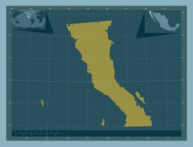 Baja California, Meksika eyaleti. Katı renk şekli. Bölgenin büyük şehirlerinin yerleri. Köşedeki yedek konum haritaları