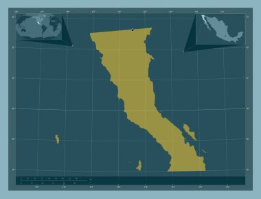 Baja California, Meksika eyaleti. Katı renk şekli. Köşedeki yedek konum haritaları