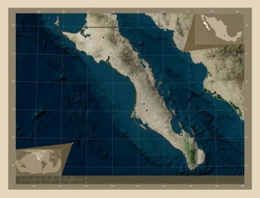 Baja California Sur, Meksika eyaleti. Yüksek çözünürlüklü uydu. Bölgenin büyük şehirlerinin yerleri. Köşedeki yedek konum haritaları