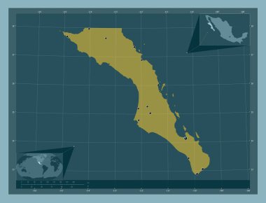 Baja California Sur, Meksika eyaleti. Katı renk şekli. Bölgenin büyük şehirlerinin yerleri. Köşedeki yedek konum haritaları