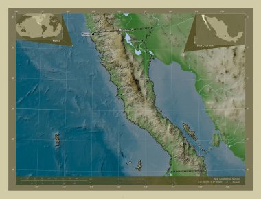 Baja California, Meksika eyaleti. Yükseklik haritası göller ve nehirlerle wiki tarzında renklendirilmiş. Bölgenin büyük şehirlerinin yerleri ve isimleri. Köşedeki yedek konum haritaları