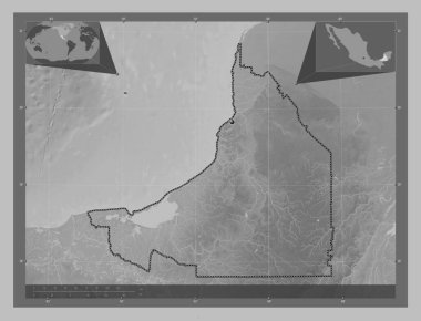 Campeche, Meksika Eyaleti. Gölleri ve nehirleri olan gri tonlama yükseklik haritası. Köşedeki yedek konum haritaları