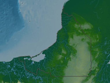 Campeche, Meksika Eyaleti. Gölleri ve nehirleri olan renkli yükseklik haritası