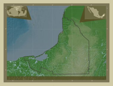 Campeche, Meksika Eyaleti. Yükseklik haritası göller ve nehirlerle wiki tarzında renklendirilmiş. Köşedeki yedek konum haritaları