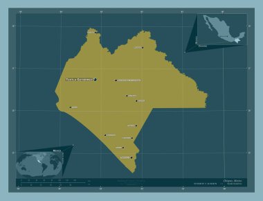 Chiapas, Meksika Eyaleti. Katı renk şekli. Bölgenin büyük şehirlerinin yerleri ve isimleri. Köşedeki yedek konum haritaları
