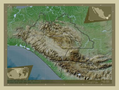 Chiapas, Meksika Eyaleti. Yükseklik haritası göller ve nehirlerle wiki tarzında renklendirilmiş. Bölgenin büyük şehirlerinin yerleri ve isimleri. Köşedeki yedek konum haritaları