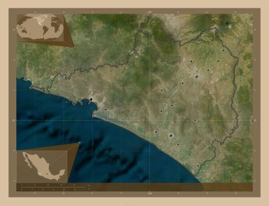 Colima, Meksika eyaleti. Düşük çözünürlüklü uydu. Bölgenin büyük şehirlerinin yerleri. Köşedeki yedek konum haritaları