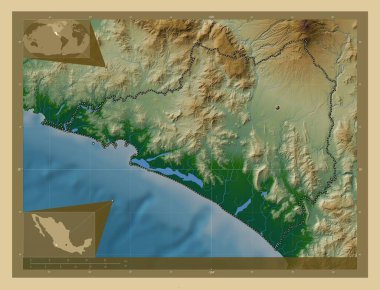 Colima, Meksika eyaleti. Gölleri ve nehirleri olan renkli yükseklik haritası. Köşedeki yedek konum haritaları