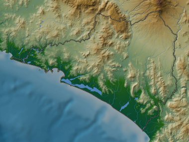Colima, Meksika eyaleti. Gölleri ve nehirleri olan renkli yükseklik haritası