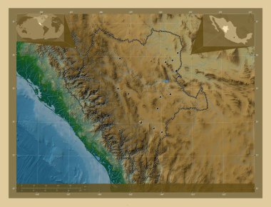 Durango, Meksika eyaleti. Gölleri ve nehirleri olan renkli yükseklik haritası. Bölgenin büyük şehirlerinin yerleri. Köşedeki yedek konum haritaları