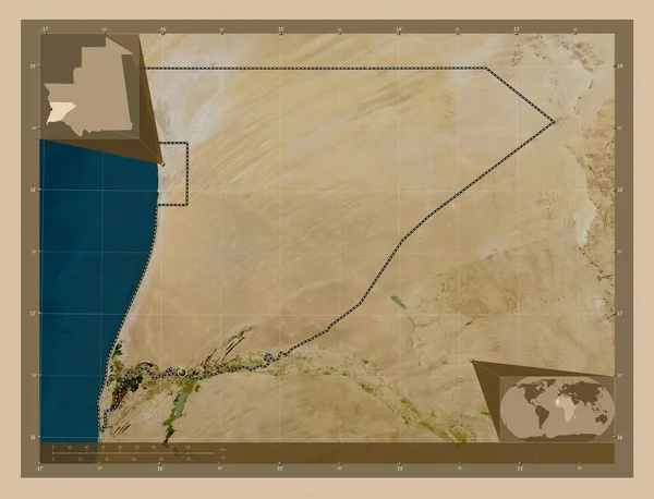 トラルザ モーリタニアの地域 低解像度衛星地図 コーナー補助位置図 — ストック写真
