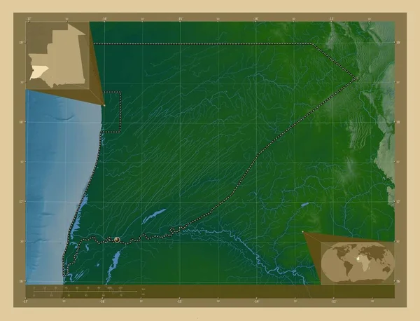 Трарза Область Мавритании Цветная Карта Высоты Озерами Реками Вспомогательные Карты — стоковое фото
