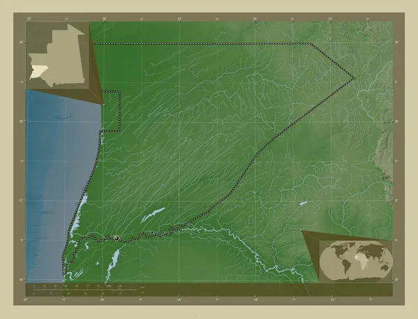毛里塔尼亚地区的Trarza 用Wiki风格绘制的带有湖泊和河流的高程地图 该区域主要城市的所在地点 角辅助位置图 — 图库照片